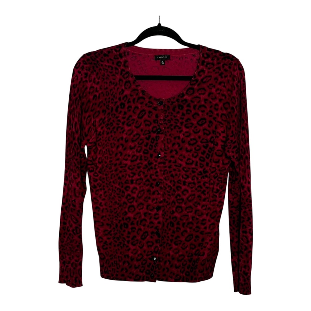 Talbots Red Leopard Print‎ Button Front Cardigan Sweater Womens Medium CN2480